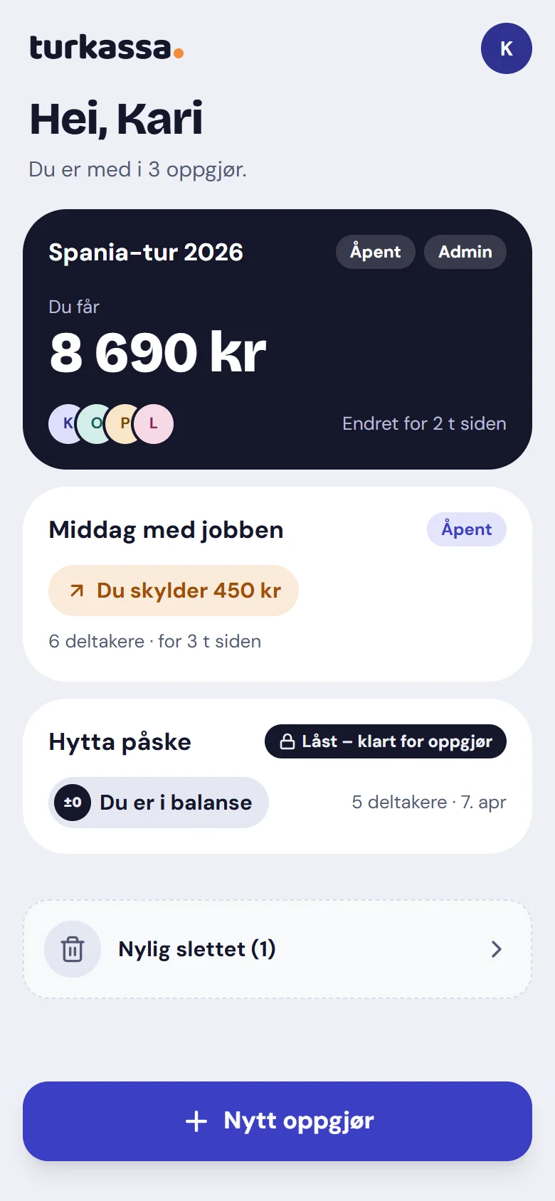 Mine oppgjør med saldoen i hvert oppgjør