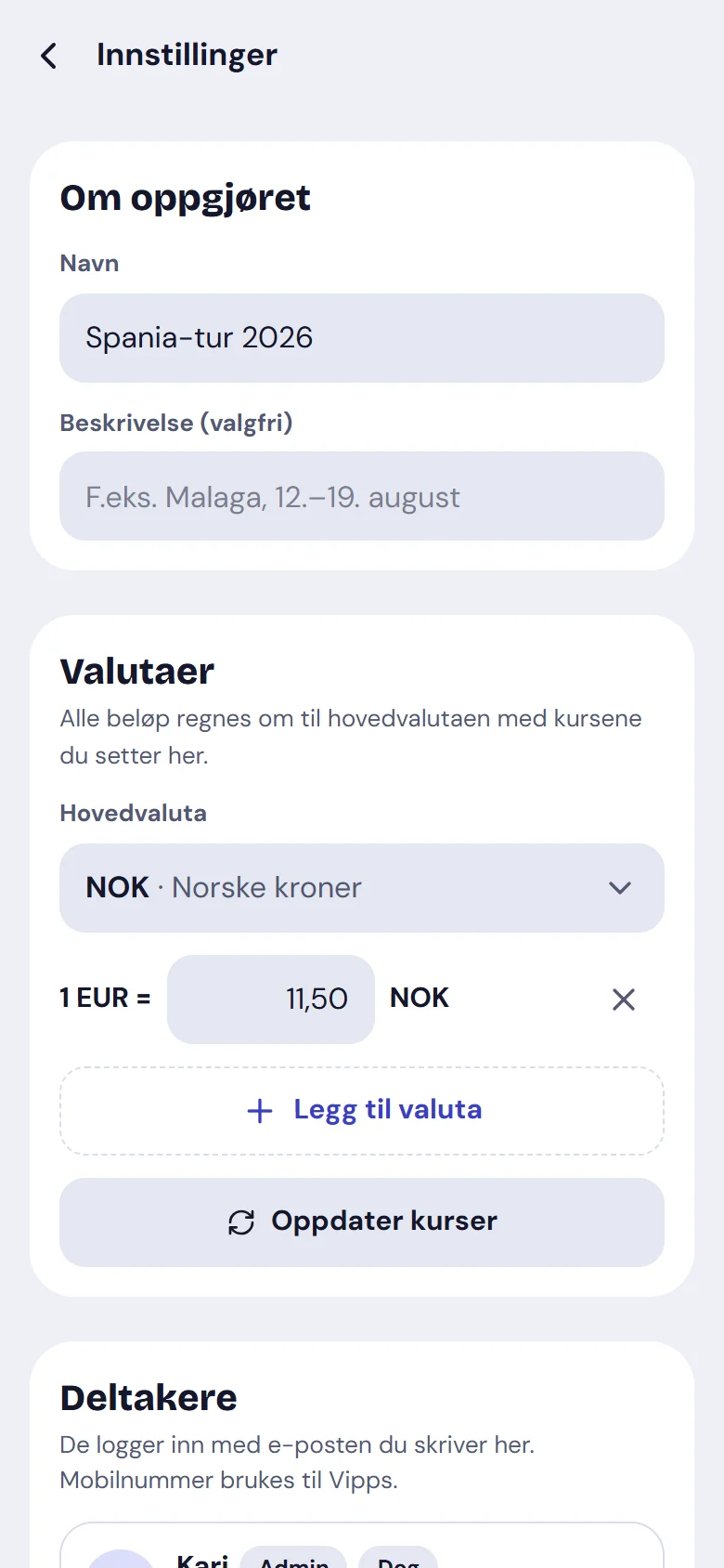 Valutaer og kurser i innstillingene